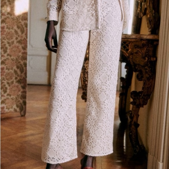 Sezane Pants - NWT Sezane Fausto Cotton Crochet Lace Knit Wide Leg Trousers Pants Ecru